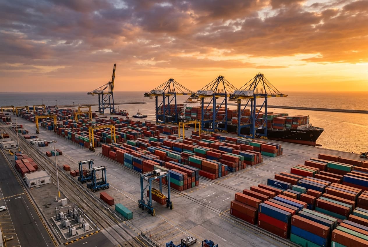 Container port terminal with cargo ships and cranes representing global export operations