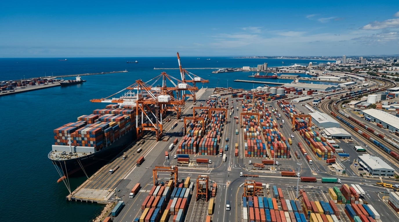 International cargo shipping port with containers and cranes