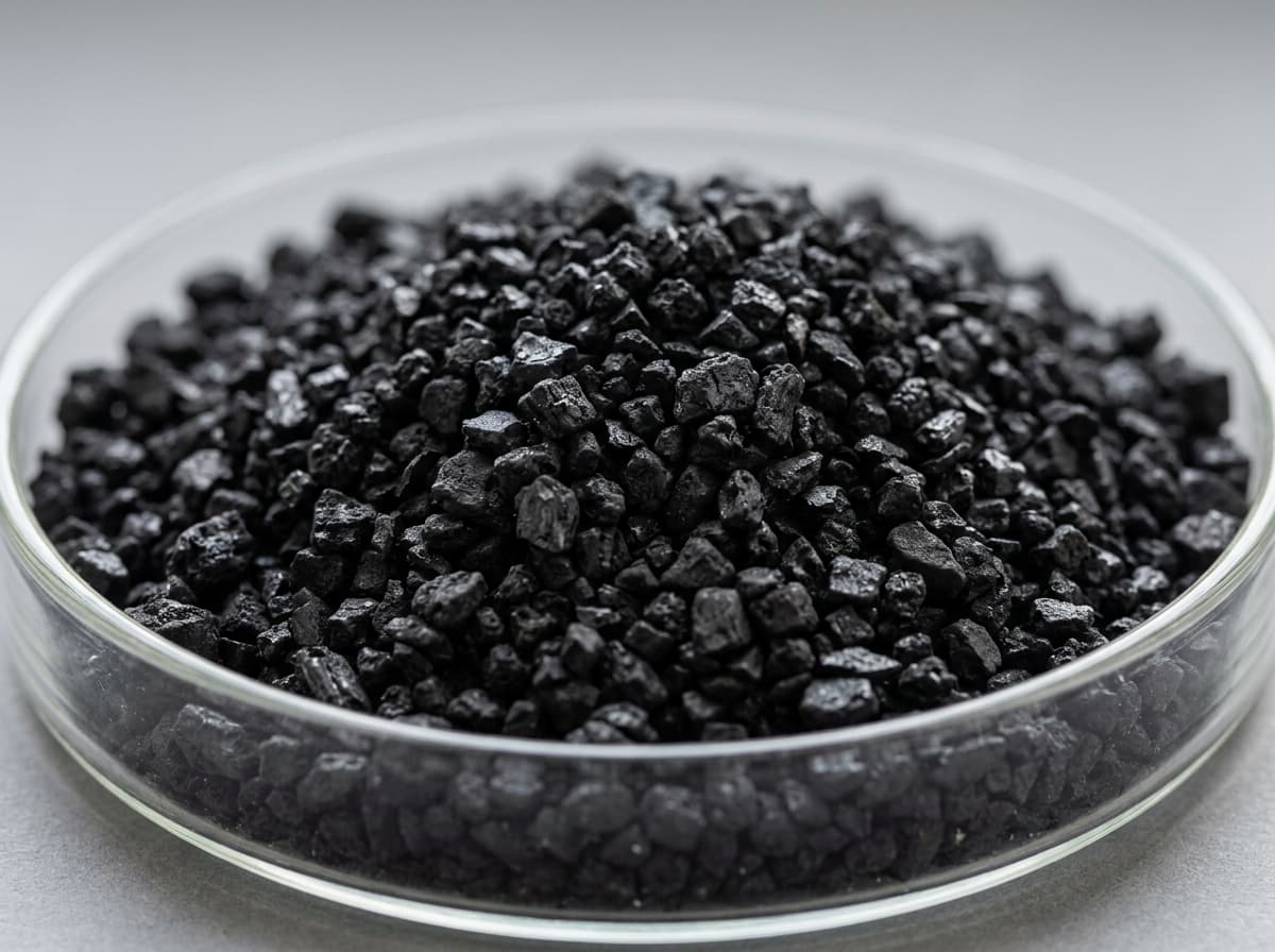 Black granular activated carbon in a glass petri dish