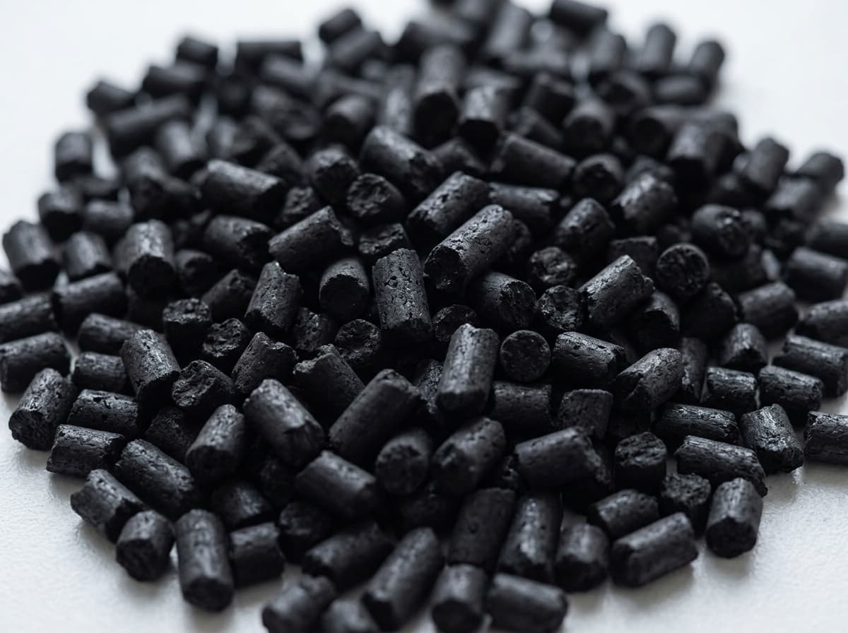 Black cylindrical activated carbon pellets arranged on a white surface